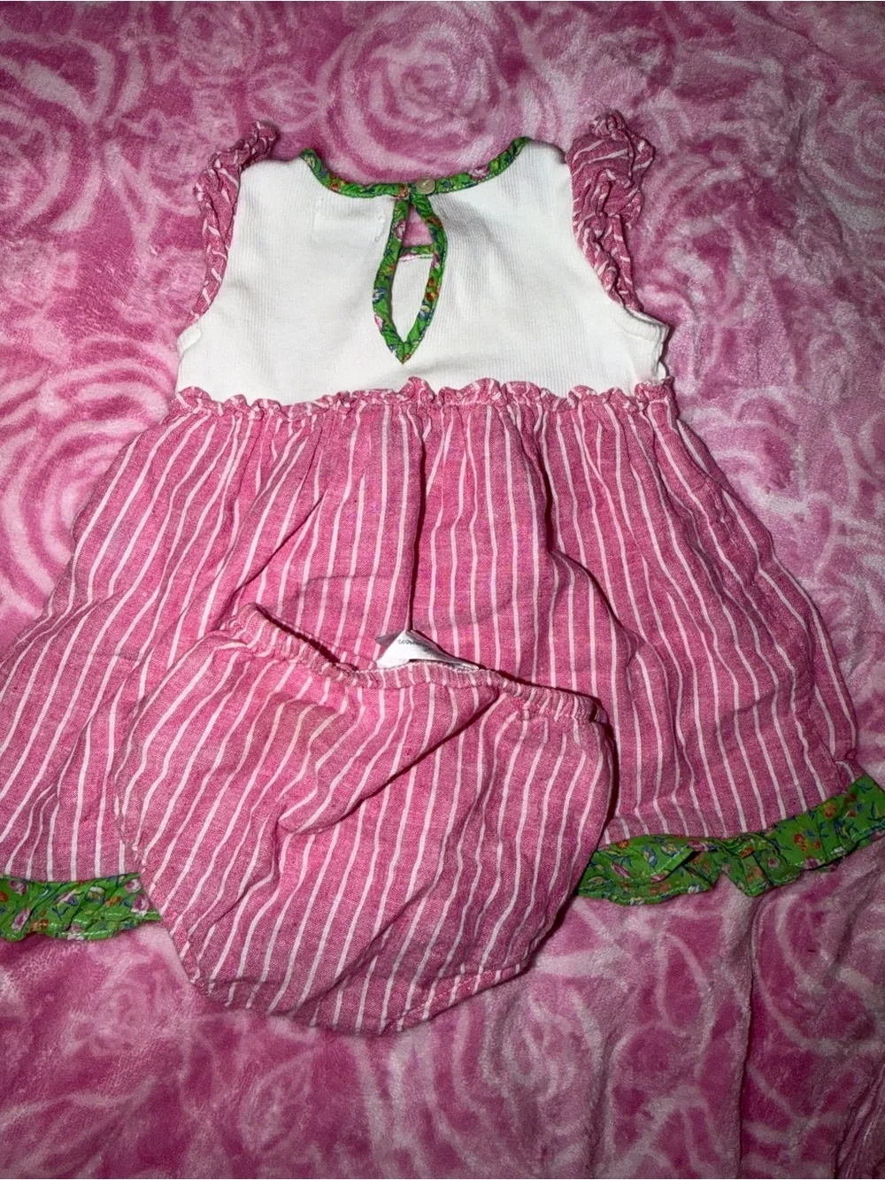 Ralph Lauren Pink & White Striped Baby Dress with Green Trim 6 month